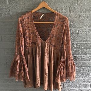 Free People Deep V Sheer Bell Sleeve Tunic Blouse
